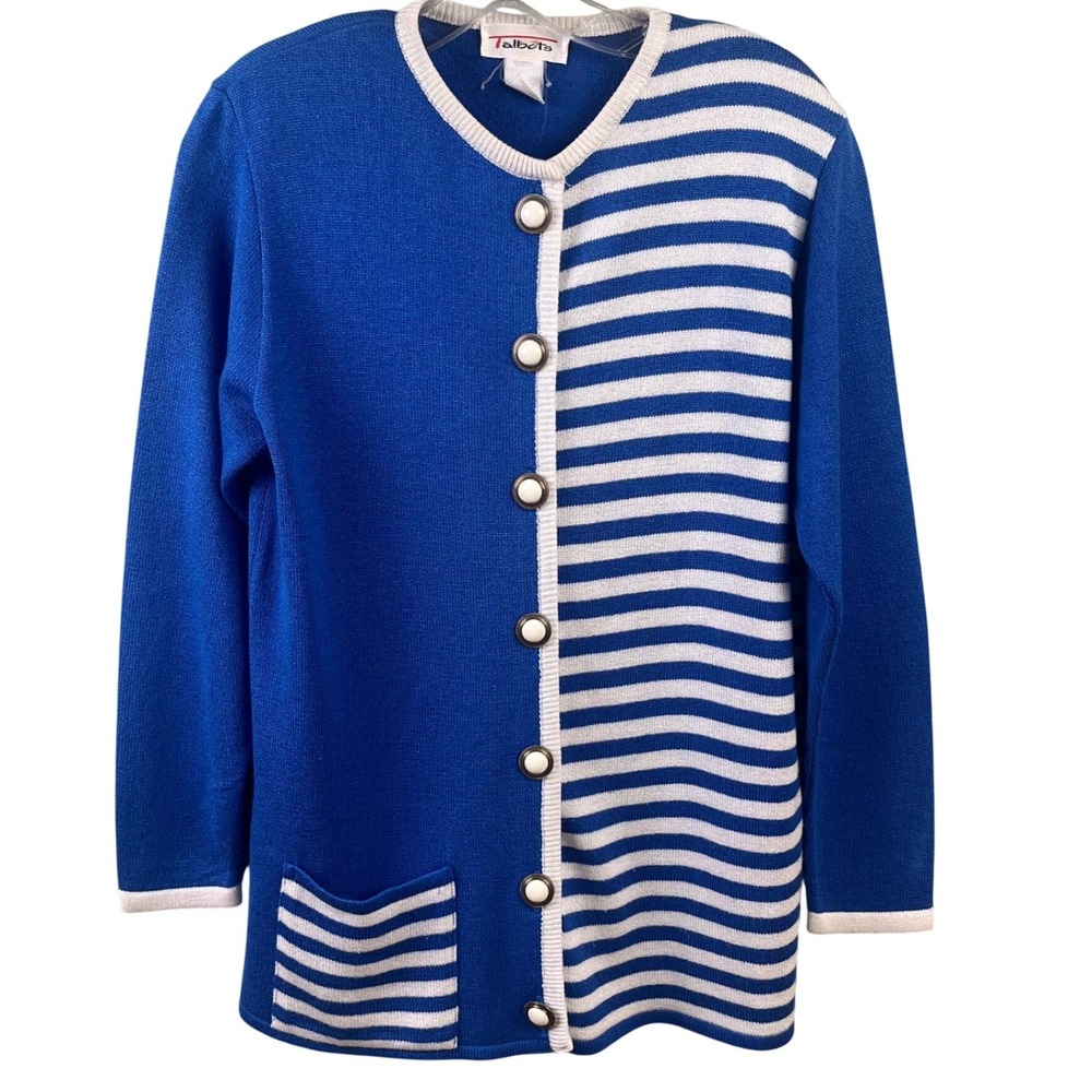 VTG Talbots Blue White Striped Color Block Button Front Nautical Sweater Size 10